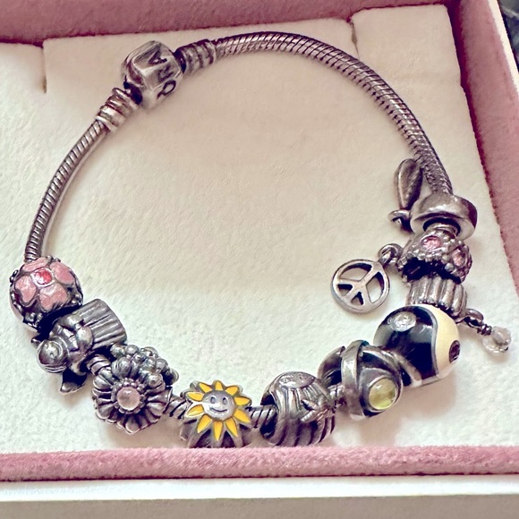 Pandora .925 Silver Charm Bracelet with 10 Retired Gold & Gemstone Charm Options - Picture 5 of 6